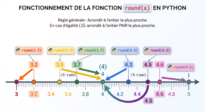Illustration du fonctionnement de la fonction round(x) en Python