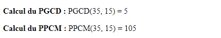 Résultat du calcul du PPCM(35, 15)