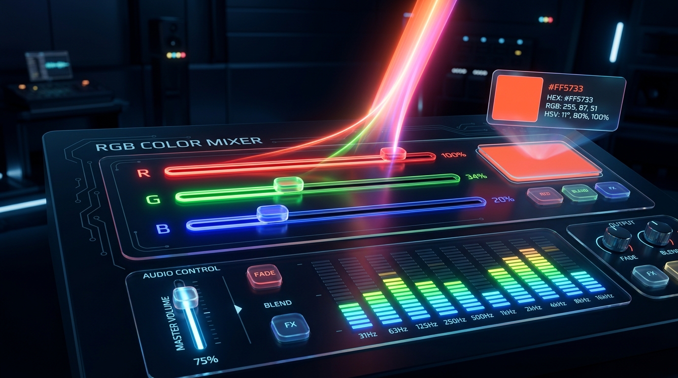 Mixeur de couleurs RGB, sliders interactifs et contrôle du volume