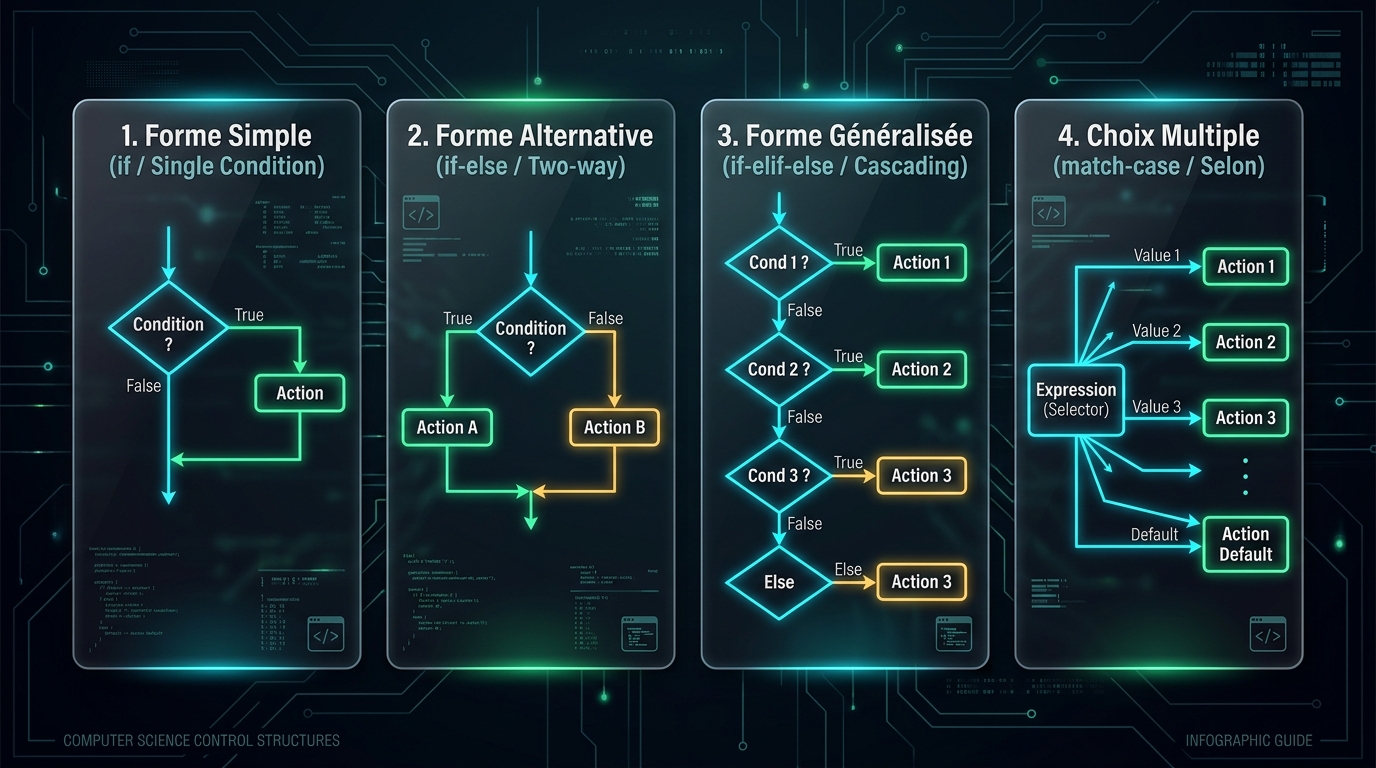 Infographie didactique des 4 structures conditionnelles : Forme simple, Forme alternative, Forme généralisée, Choix multiple (Selon / match-case)