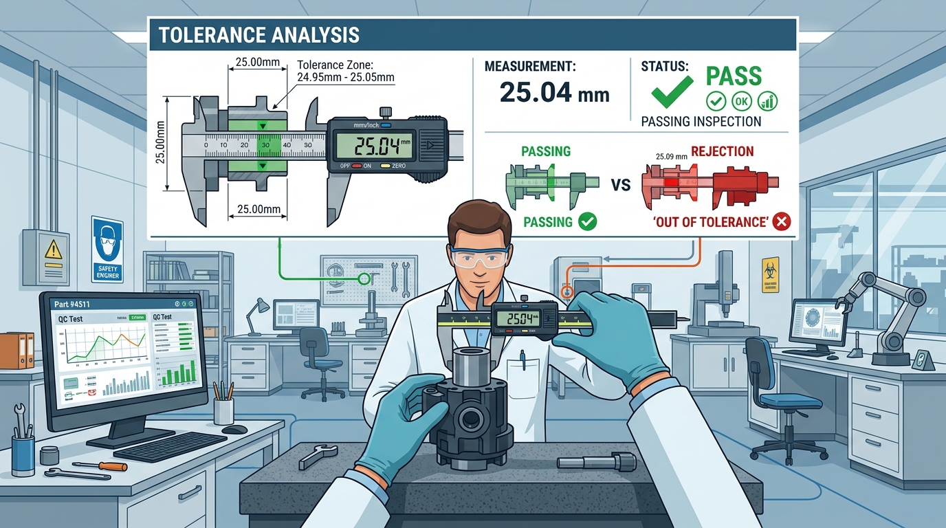 Contrôle qualité industriel avec micromètre numérique et tolérances